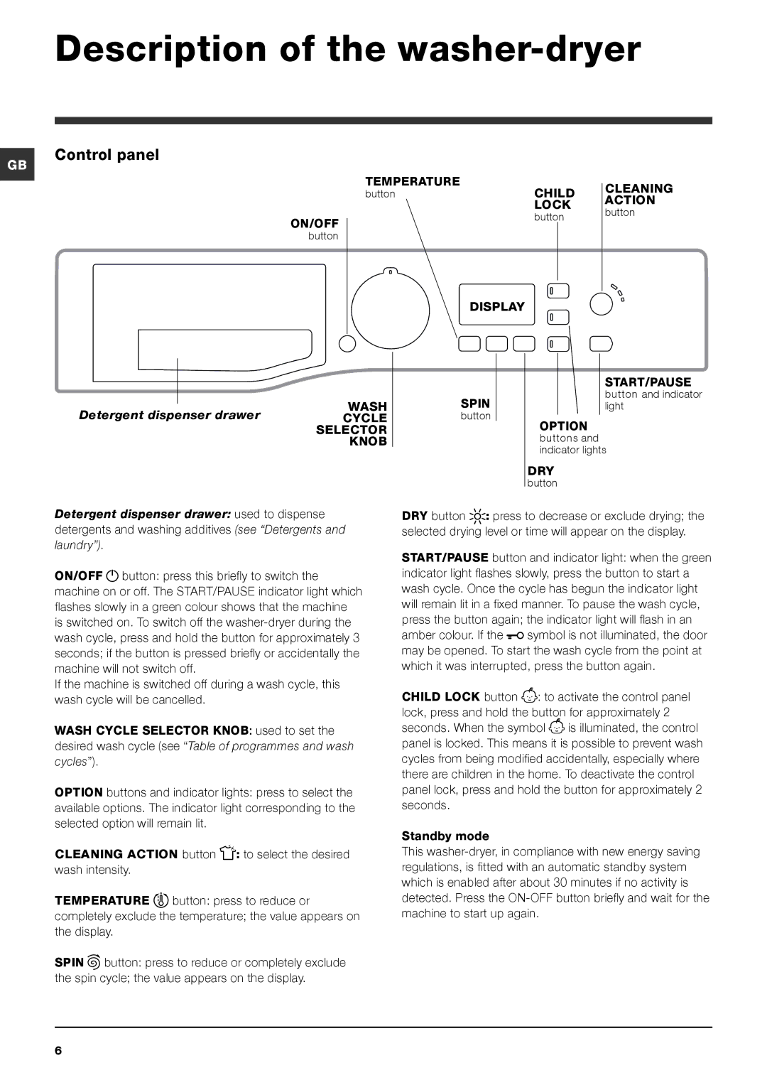 Hotpoint WDPG instruction manual Description of the washer-dryer, Control panel 