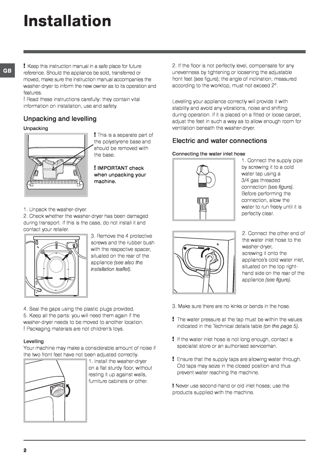 Hotpoint WDPG instruction manual Installation, Unpacking and levelling, Electric and water connections 