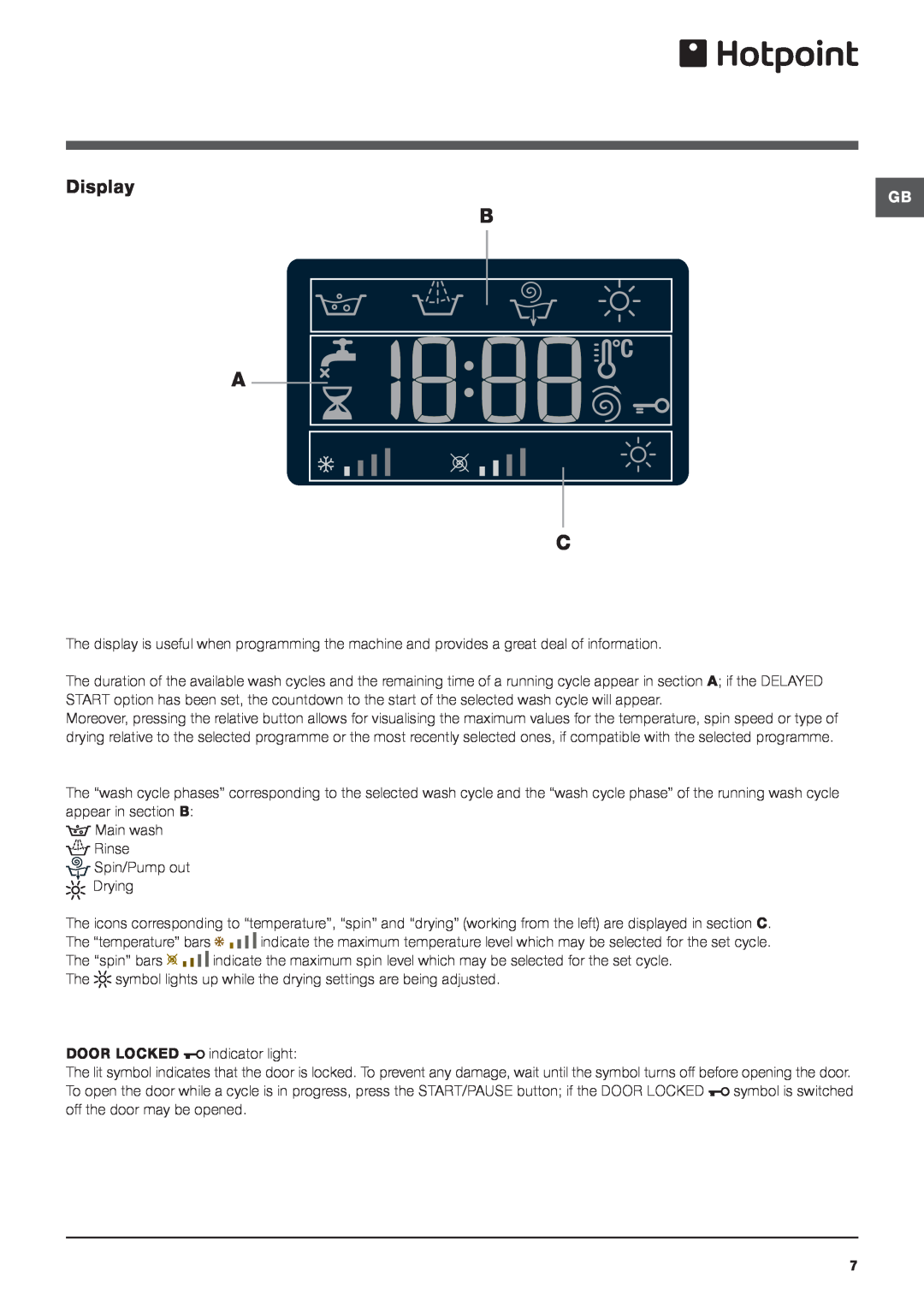Hotpoint WDPG instruction manual Display, B A C 