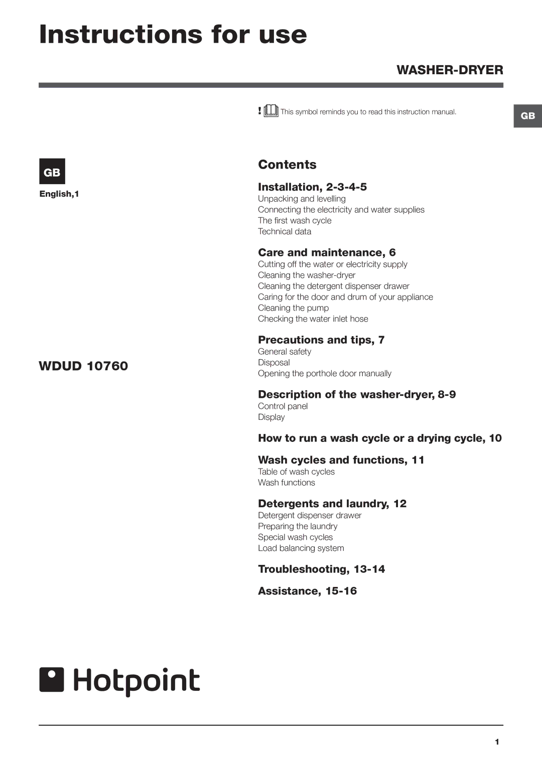 Hotpoint WDUD 10760 instruction manual Instructions for use, Wdud Contents 