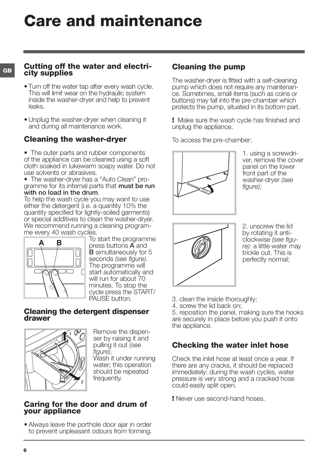 Hotpoint WDUD 10760 instruction manual Care and maintenance 