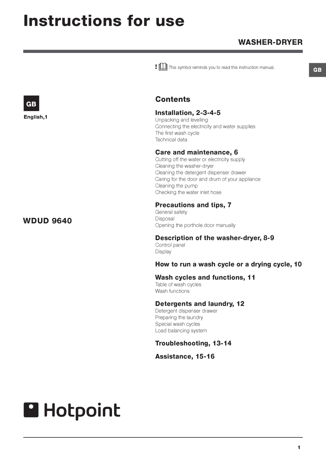 Hotpoint WDUD 9640 instruction manual Instructions for use, Wdud Contents 