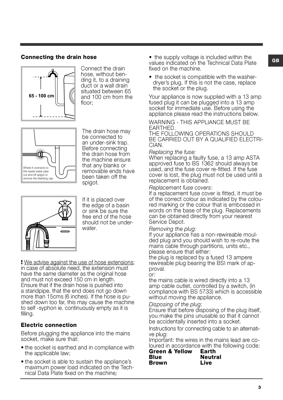 Hotpoint WDUD 9640 instruction manual Replacing the fuse, Replacement fuse covers, Removing the plug, Disposing of the plug 