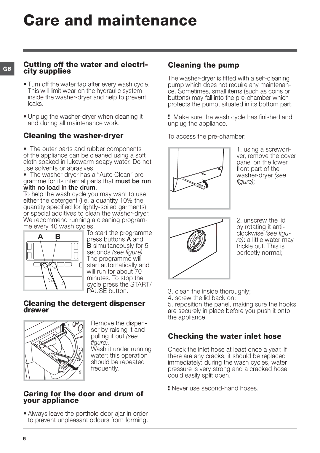 Hotpoint WDUD 9640 instruction manual Care and maintenance 