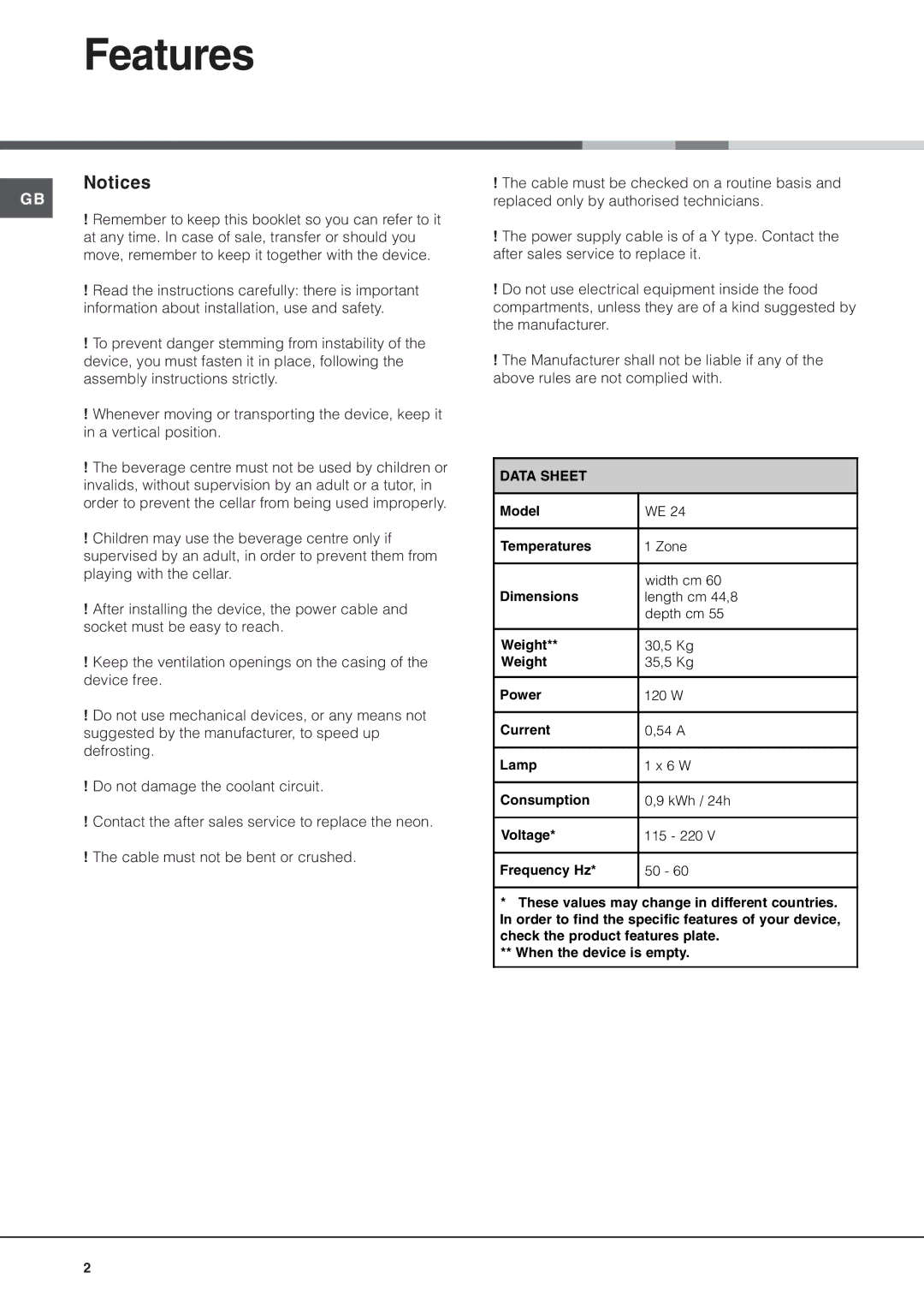 Hotpoint WE24 manual Features, Data Sheet 