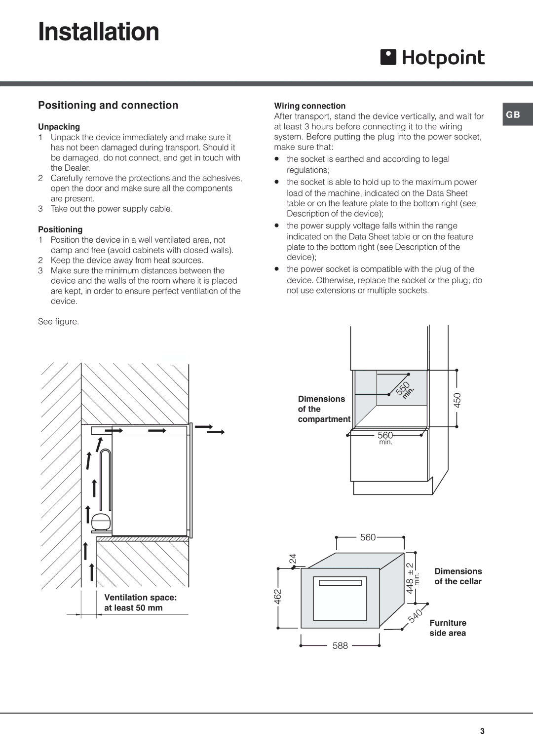 Hotpoint WE24 manual Installation, Positioning and connection, Unpacking, Wiring connection 