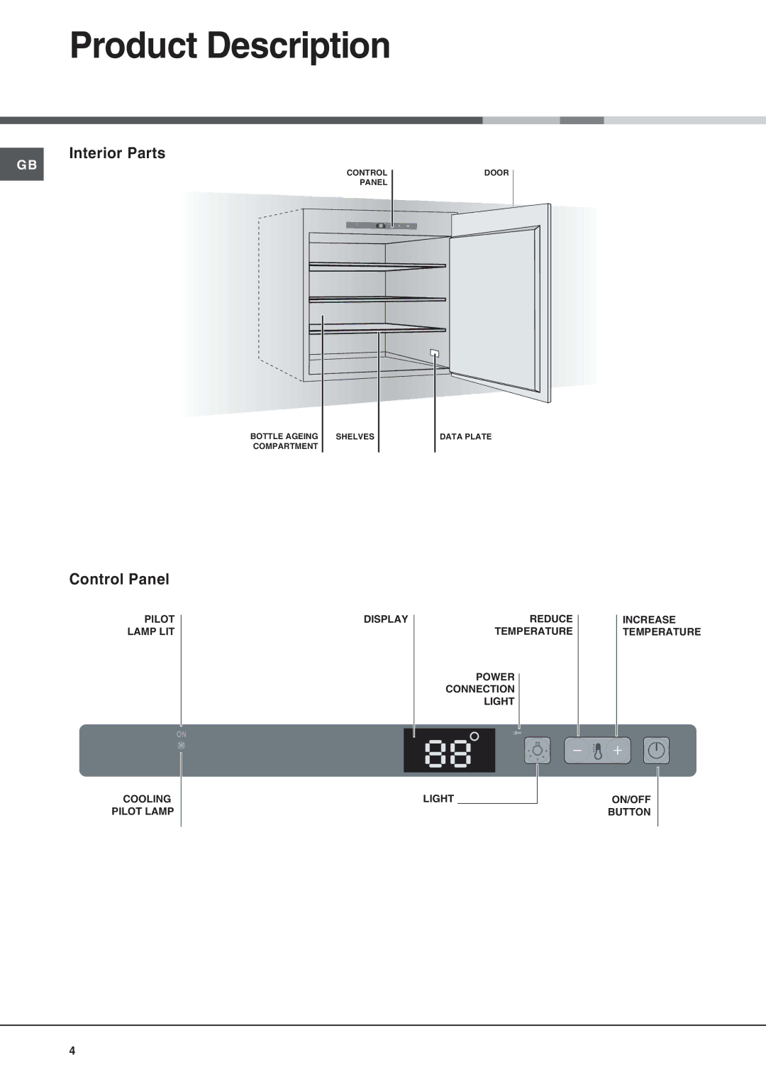 Hotpoint WE24 manual Product Description, Interior Parts, Control Panel 