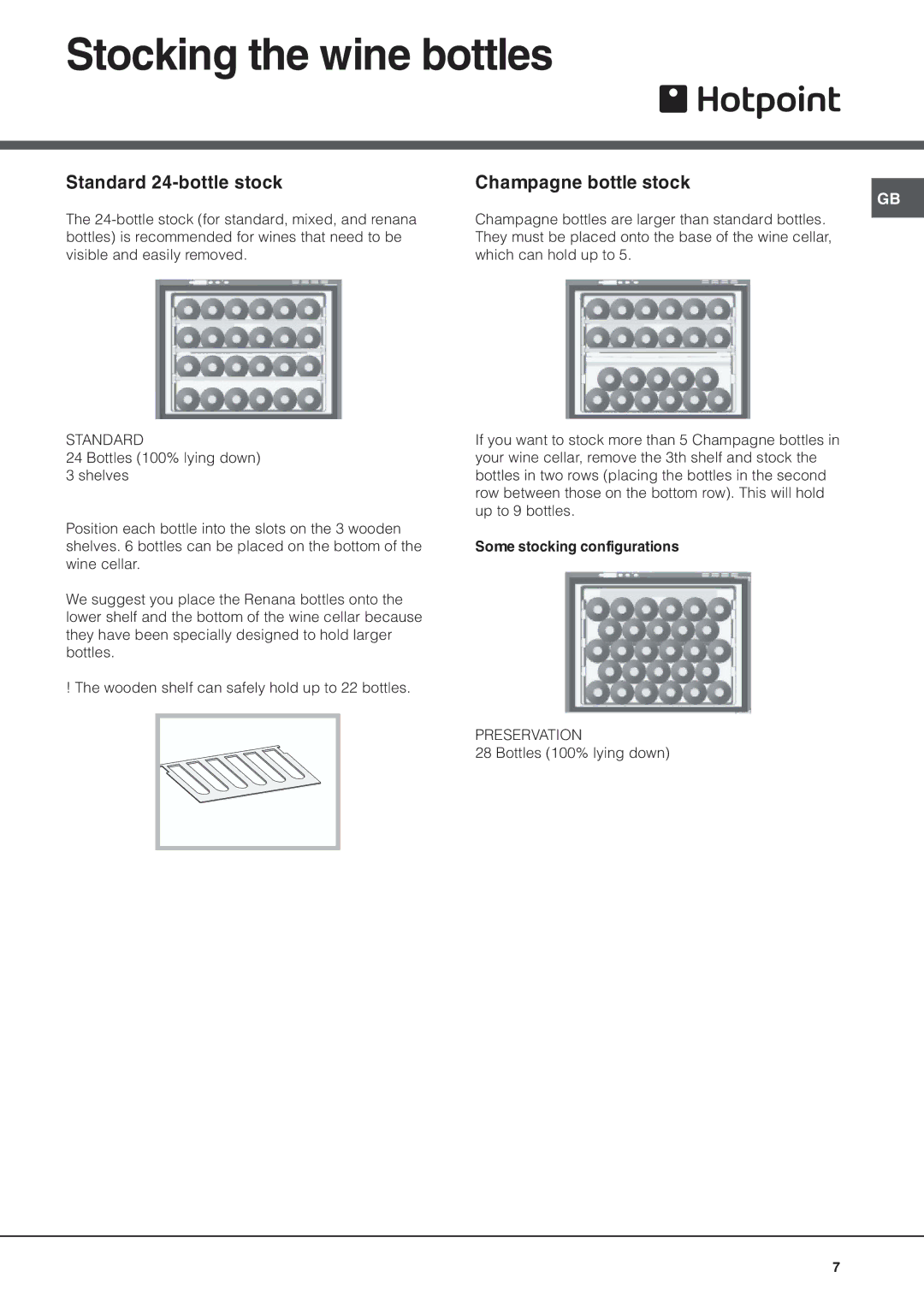 Hotpoint WE24 Stocking the wine bottles, Standard 24-bottle stock, Champagne bottle stock, Some stocking configurations 