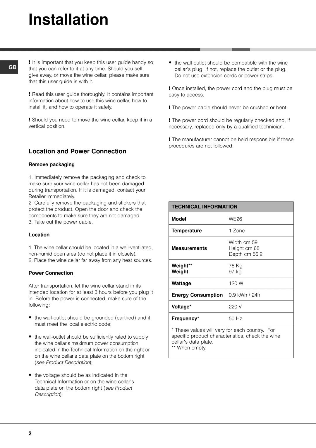 Hotpoint WE26 manual Installation, Location and Power Connection 