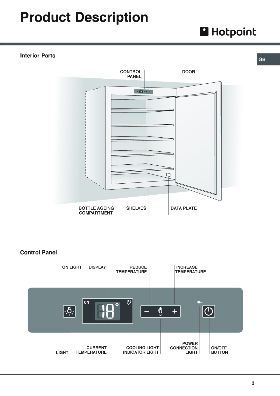 Hotpoint WE26 manual Product Description, Interior Parts, Control Panel 