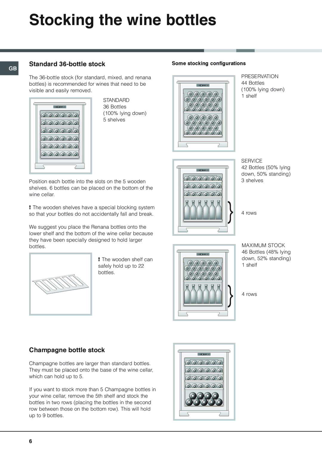 Hotpoint WE26 manual Stocking the wine bottles, Standard 36-bottle stock, Champagne bottle stock 