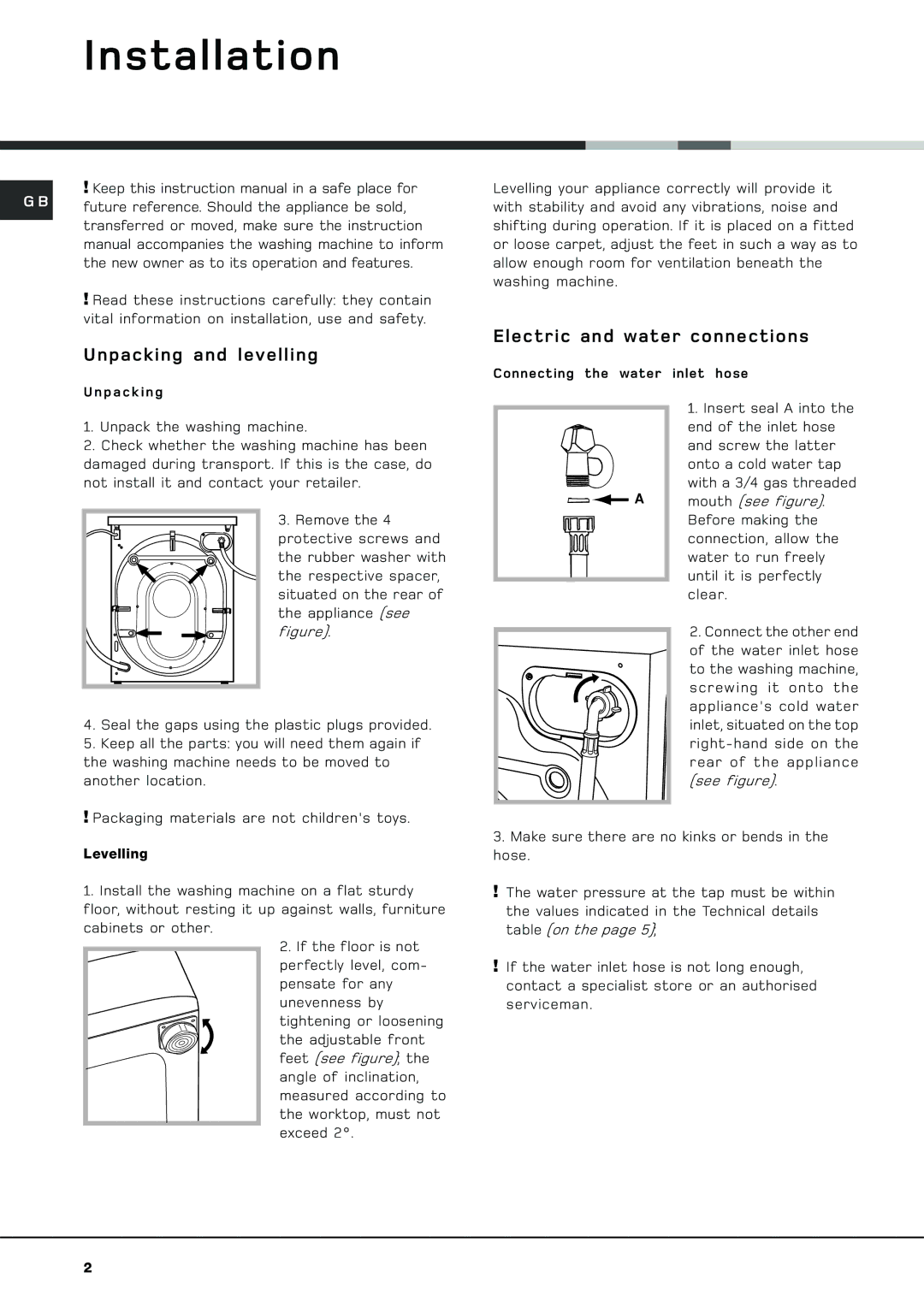 Hotpoint WF 561 P manual Installation, Unpacking and levelling, Electric and water connections 