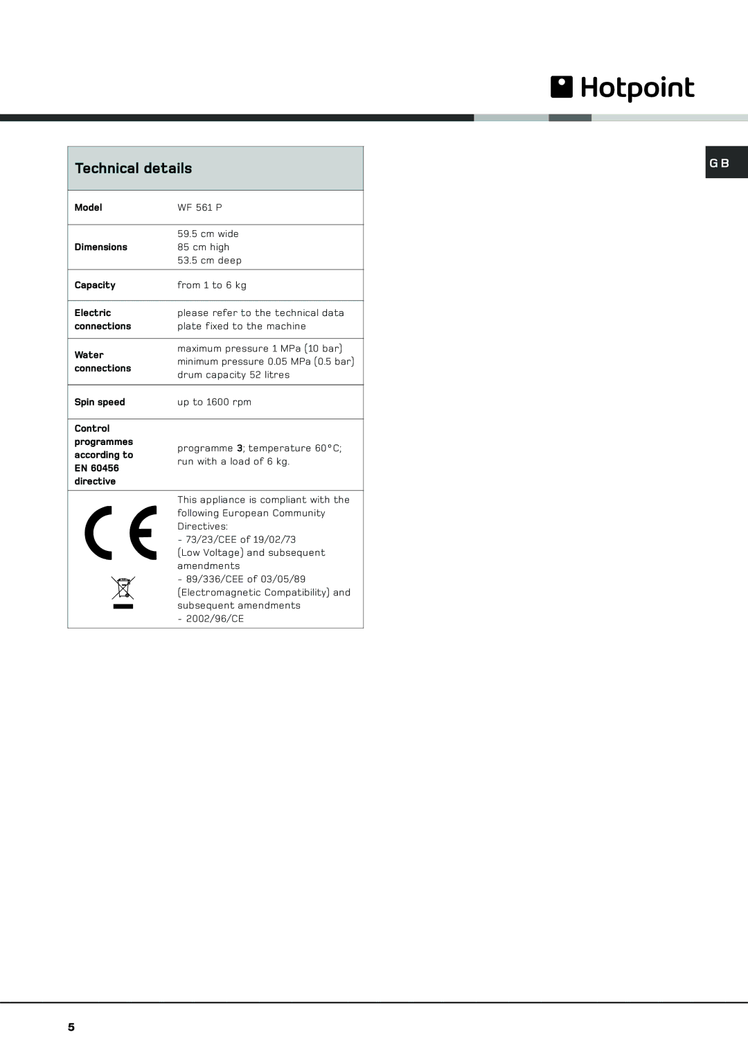 Hotpoint WF 561 P manual Technical details 