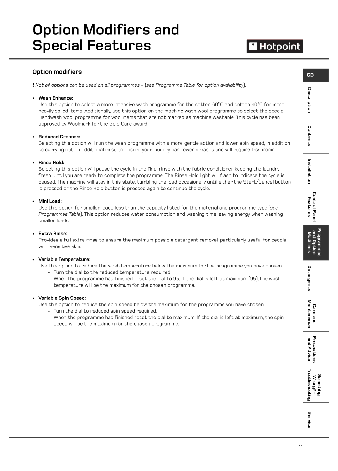 Hotpoint WF101 manual Option Modifiers Special Features, Option modifiers 