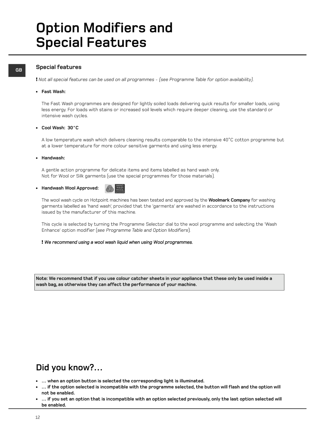 Hotpoint WF101 manual Special features, Fast Wash, Cool Wash 30˚C, Handwash Wool Approved 