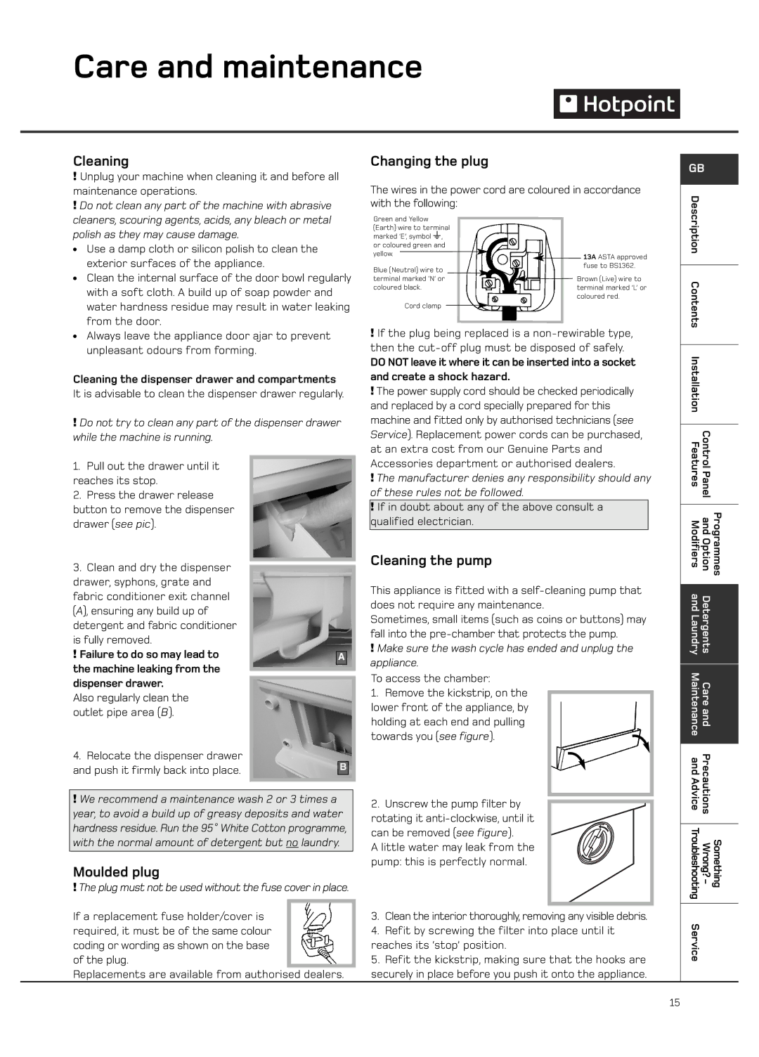 Hotpoint WF101 manual Care and maintenance, Changing the plug, Cleaning the pump, Moulded plug 