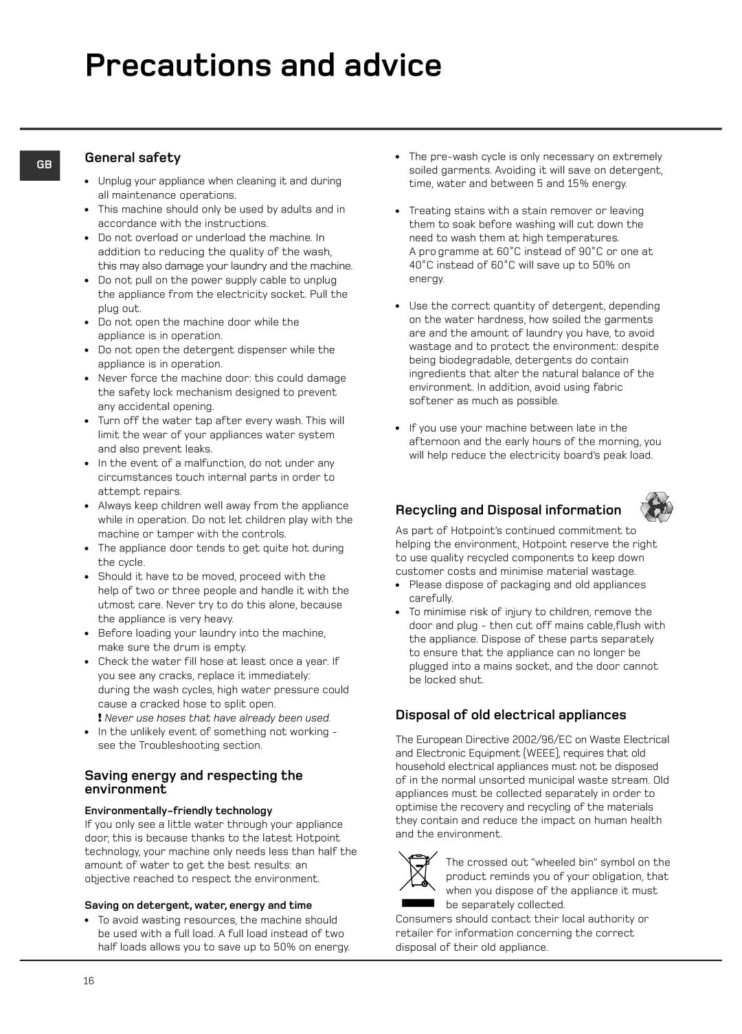 Hotpoint WF101 manual Precautions and advice, General safety, Saving energy and respecting the environment 