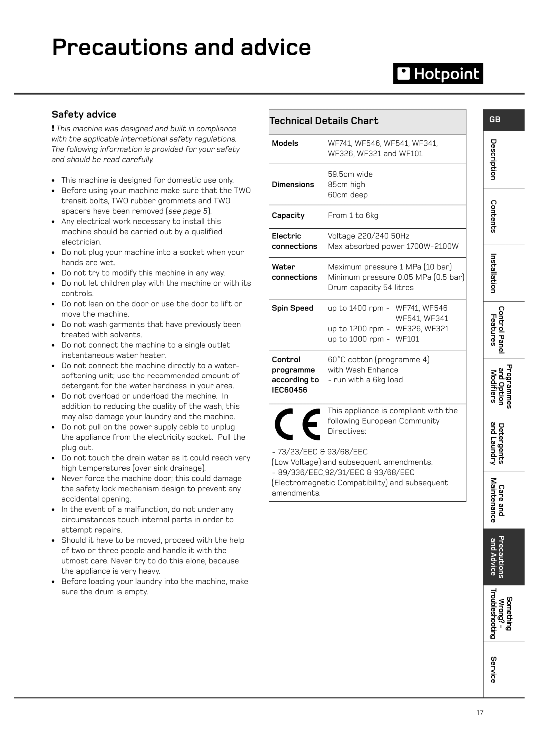 Hotpoint WF101 manual Safety advice, Technical Details Chart 