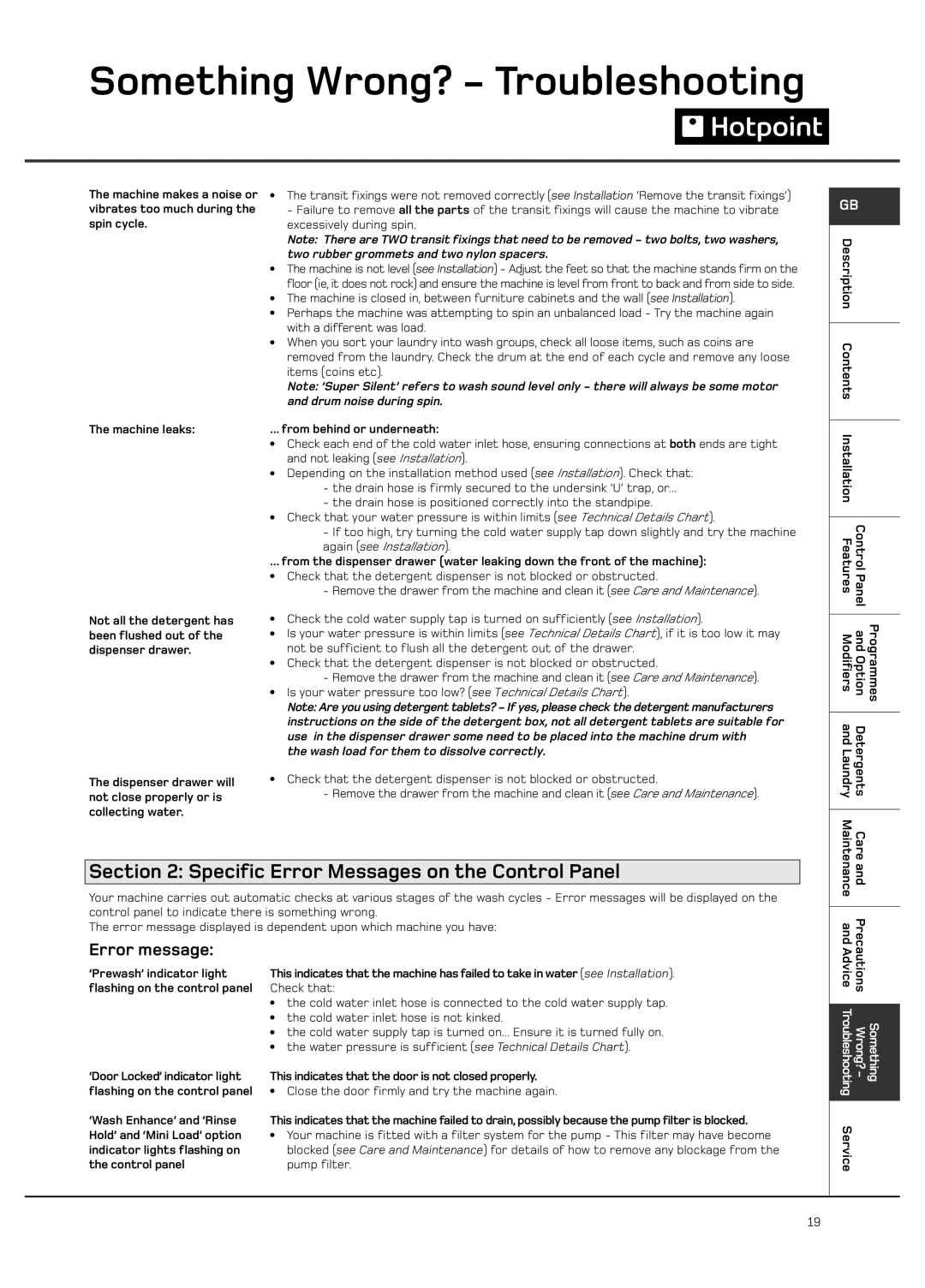 Hotpoint WF101 manual Error message, Contents 