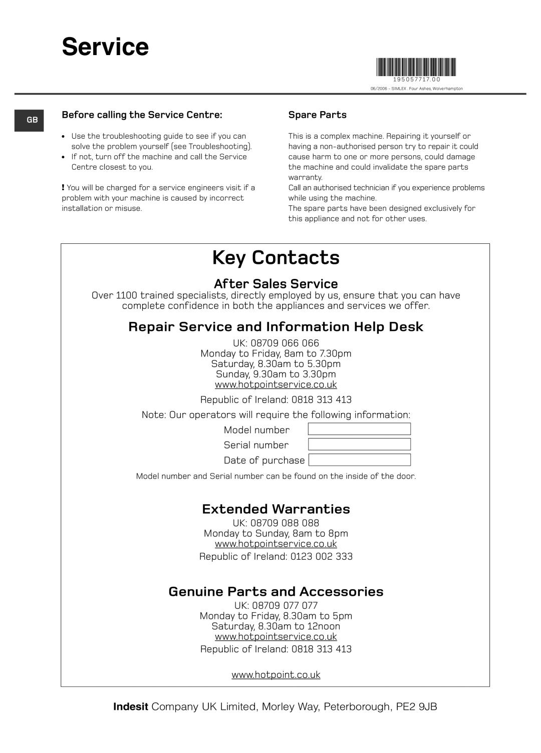 Hotpoint WF101 manual Before calling the Service Centre, Spare Parts 