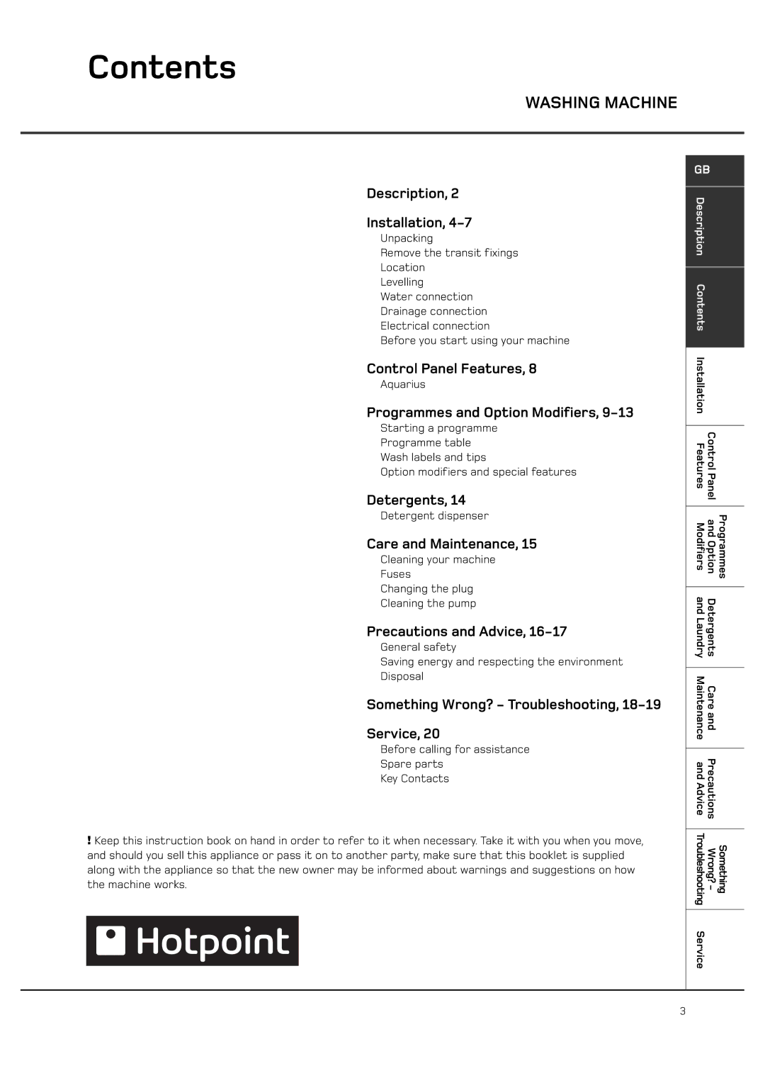 Hotpoint WF101 manual Contents 