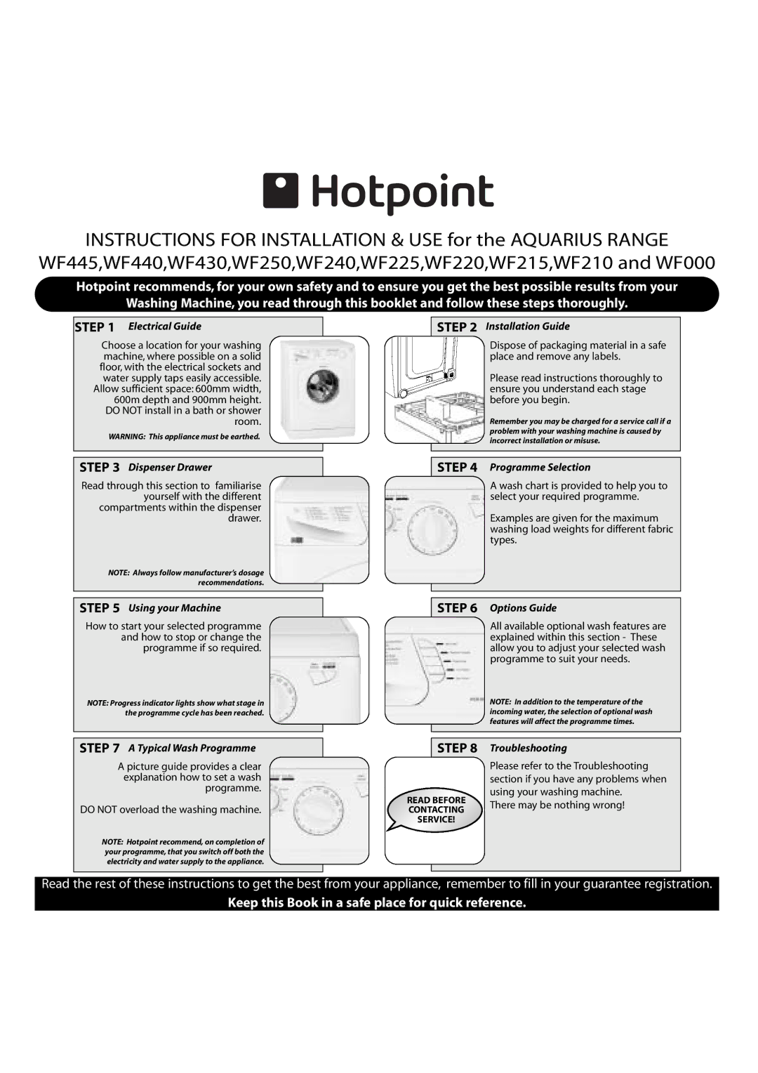 Hotpoint WF225 manual Electrical Guide, Dispenser Drawer, Installation Guide, Programme Selection, Using your Machine 