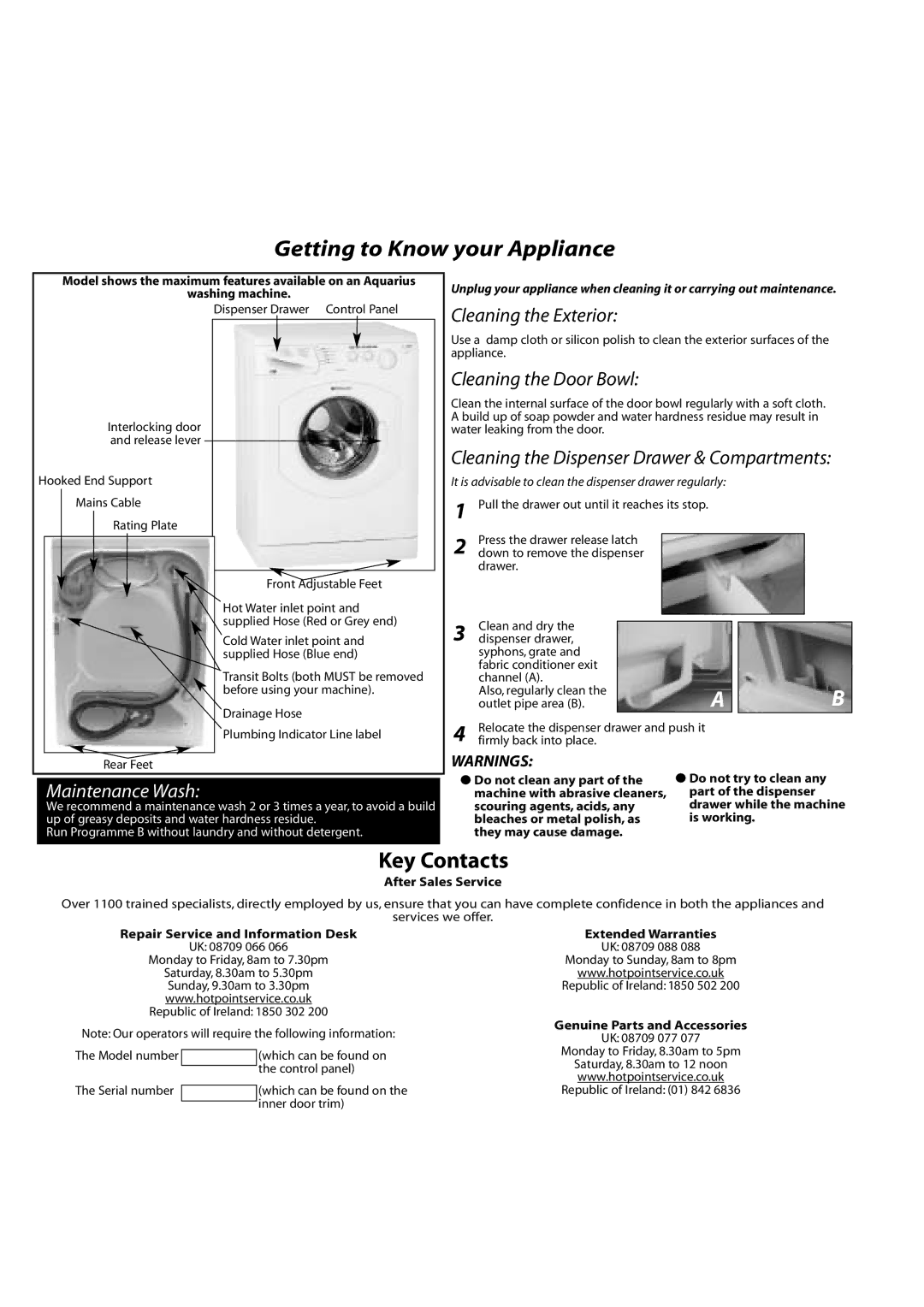 Hotpoint WF220, WF225, WF215, WF210, WF000 manual Getting to Know your Appliance 