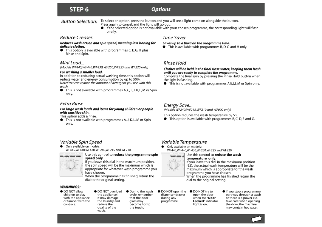 Hotpoint WF215, WF220, WF225, WF210, WF000 manual Options, Reduce Creases 