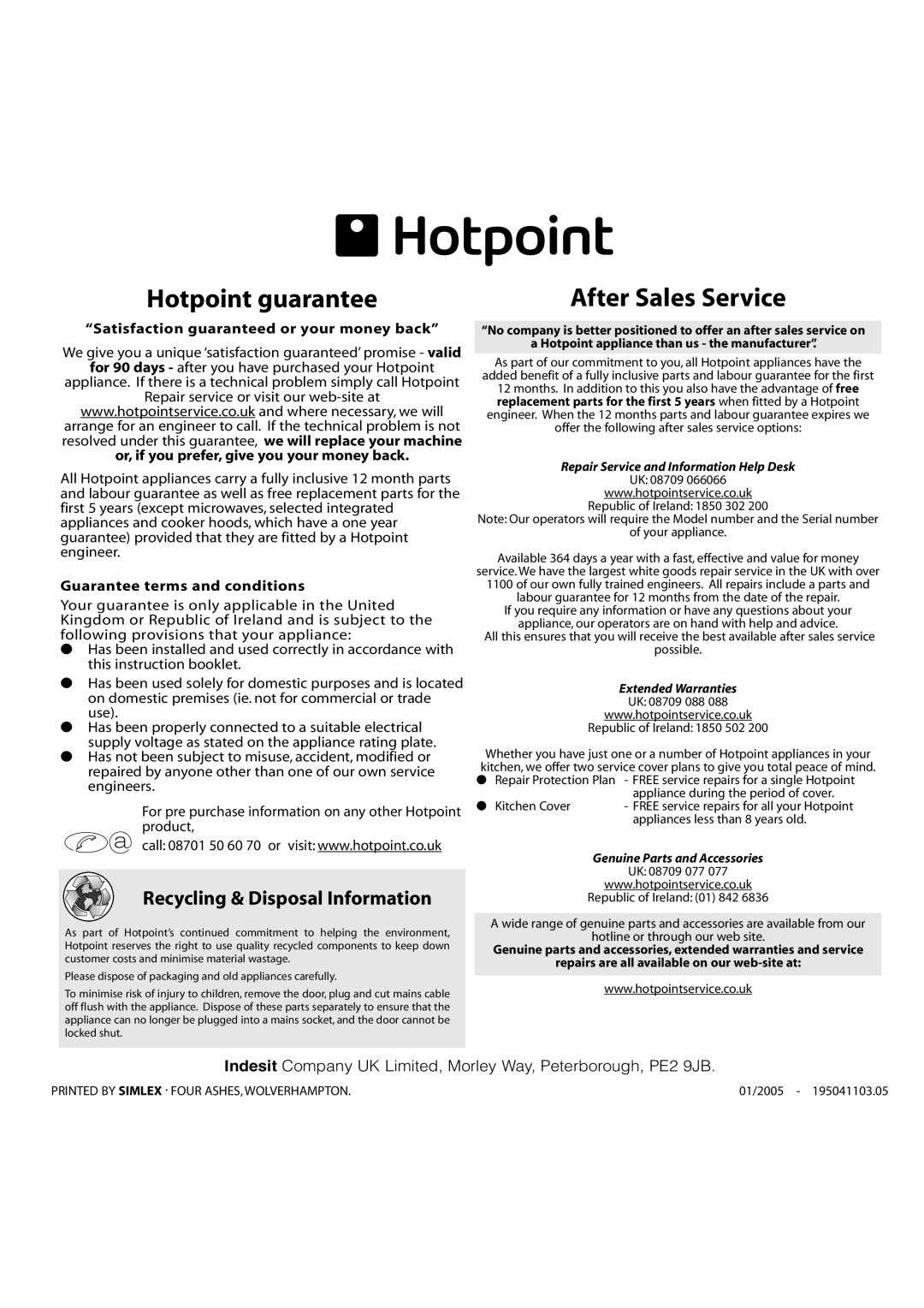 Hotpoint WF225 Recycling & Disposal Information, Hotpoint guarantee, After Sales Service, Guarantee terms and conditions 
