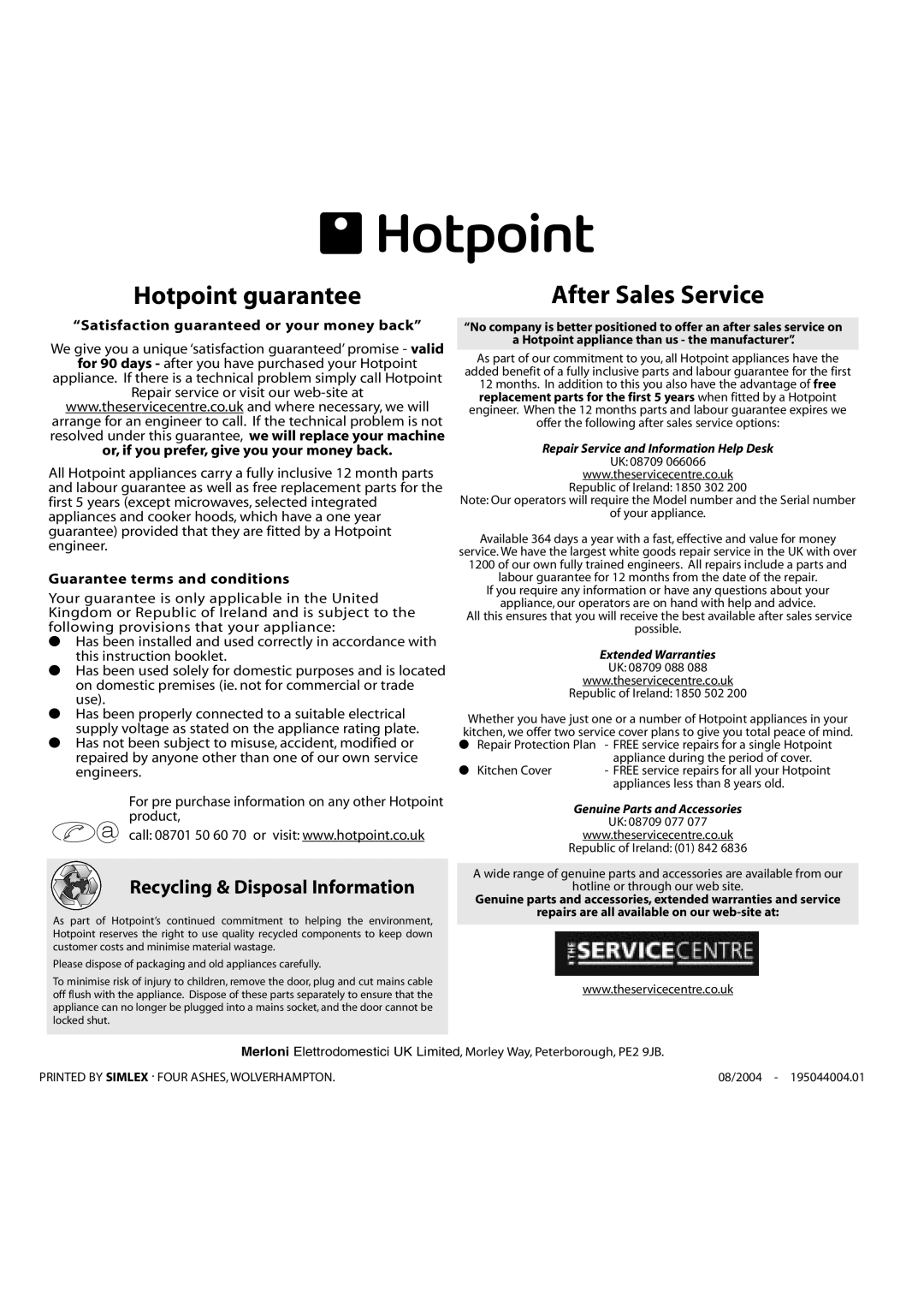 Hotpoint WF620 manual Hotpoint guarantee 