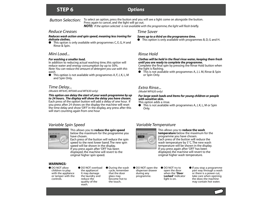 Hotpoint WF620 manual Options, Reduce Creases 