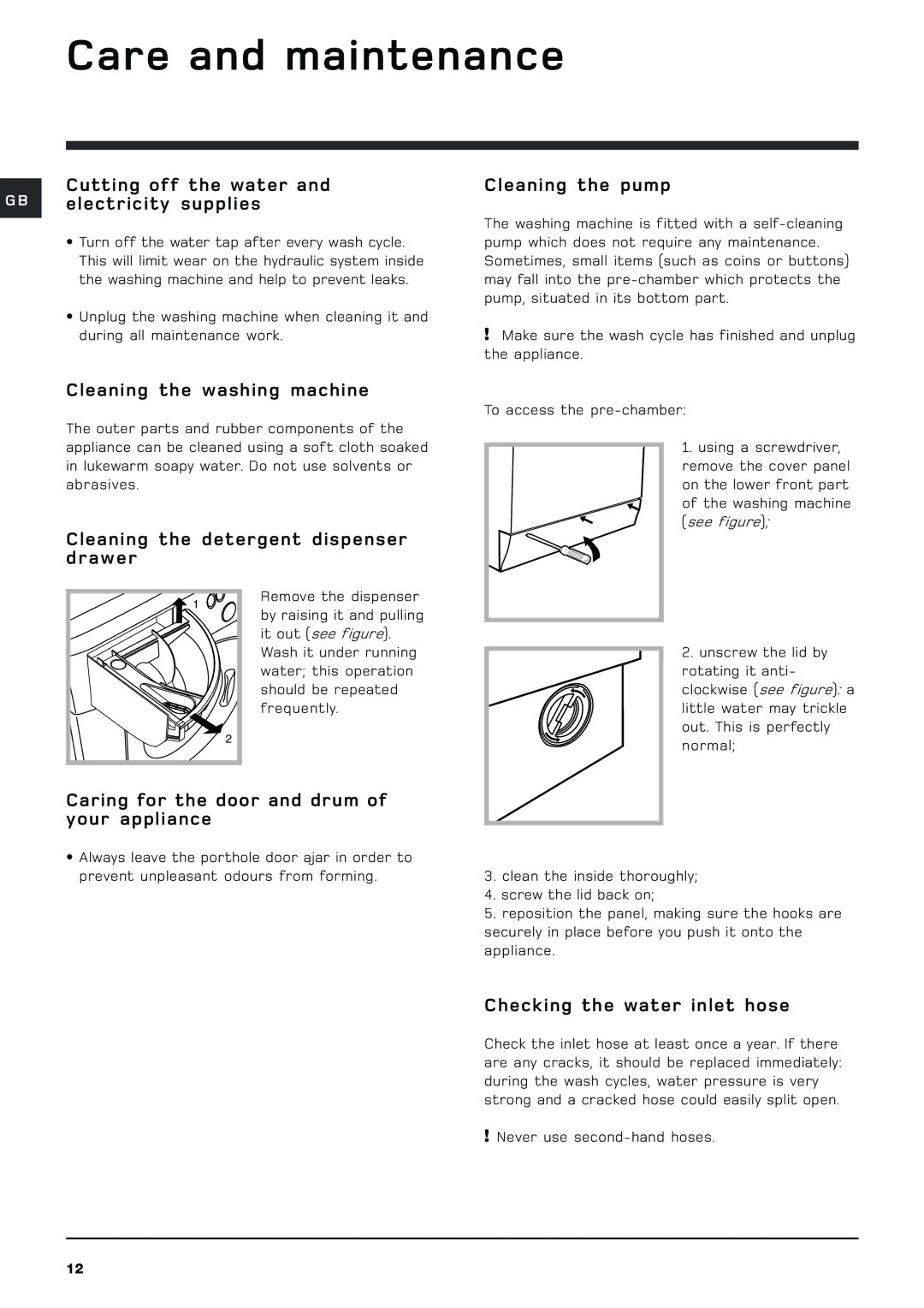 Hotpoint wml 520 manual Care and maintenance 