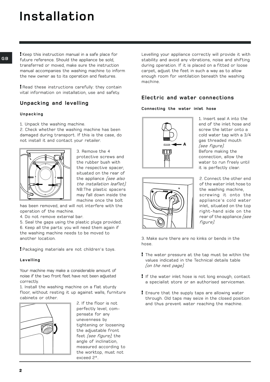 Hotpoint wml 520 manual Installation, Unpacking and levelling, Electric and water connections 