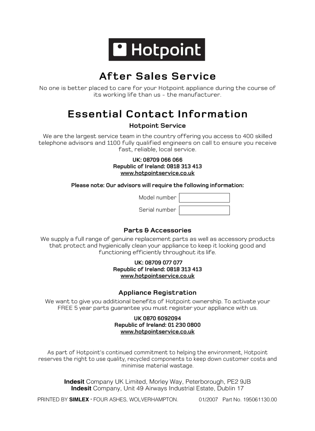 Hotpoint X156G manual After Sales Service, Essential Contact Information, Hotpoint Service, Parts & Accessories 