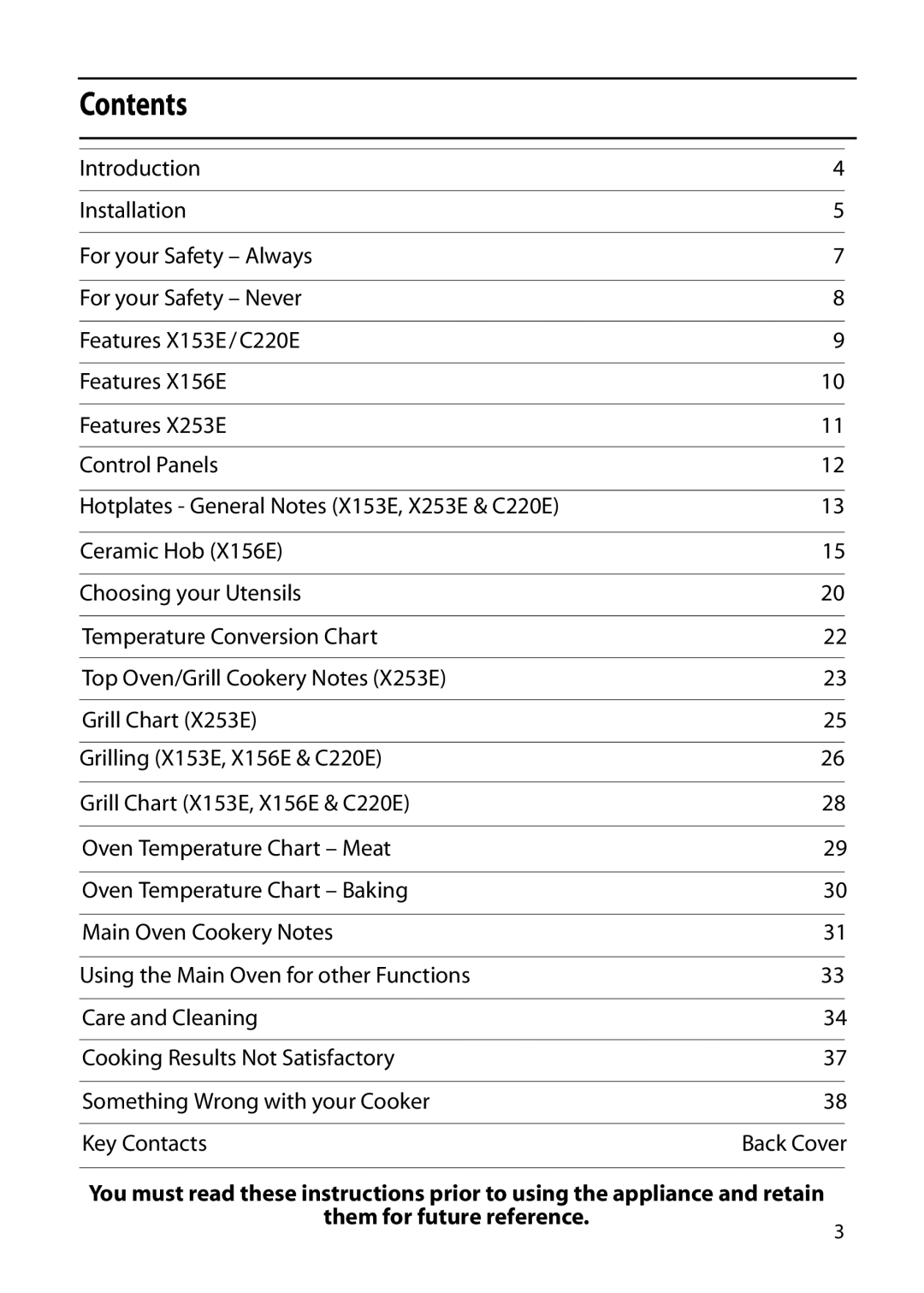 Hotpoint C220E, X253E, X153E, X156E manual Contents 