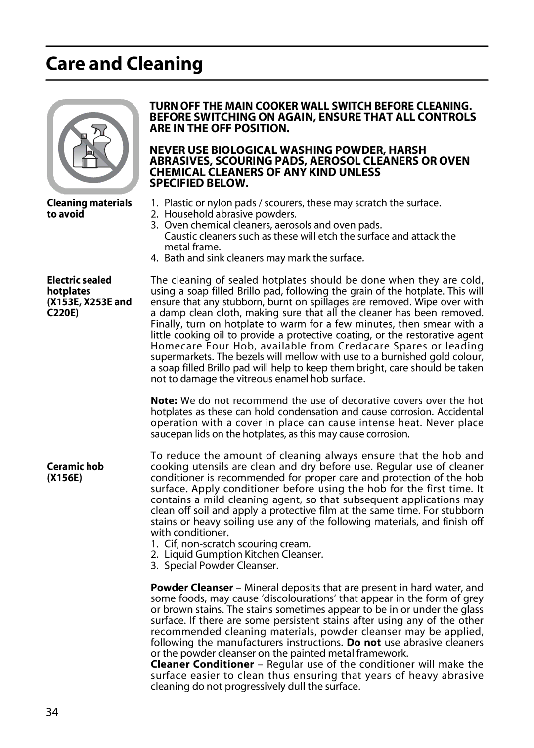 Hotpoint X156E, X253E, X153E, C220E manual Care and Cleaning, Turn OFF the Main Cooker Wall Switch Before Cleaning 