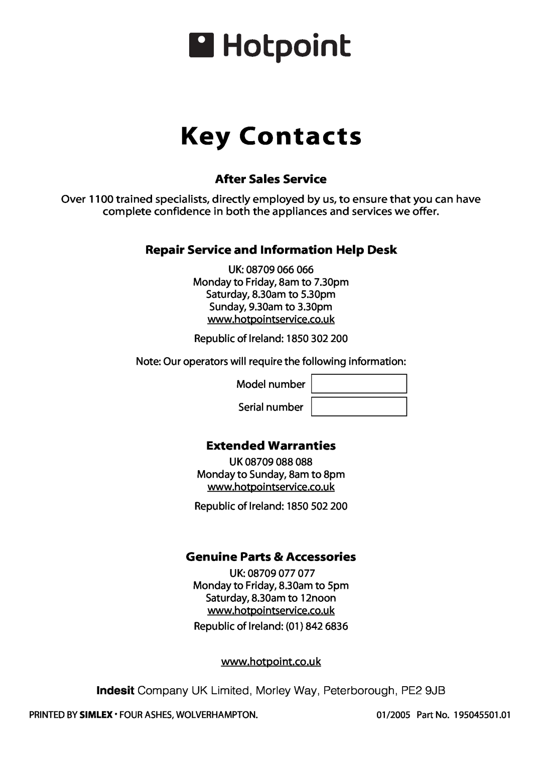 Hotpoint X253E, X153E Key Contacts, After Sales Service, Repair Service and Information Help Desk, Extended Warranties 
