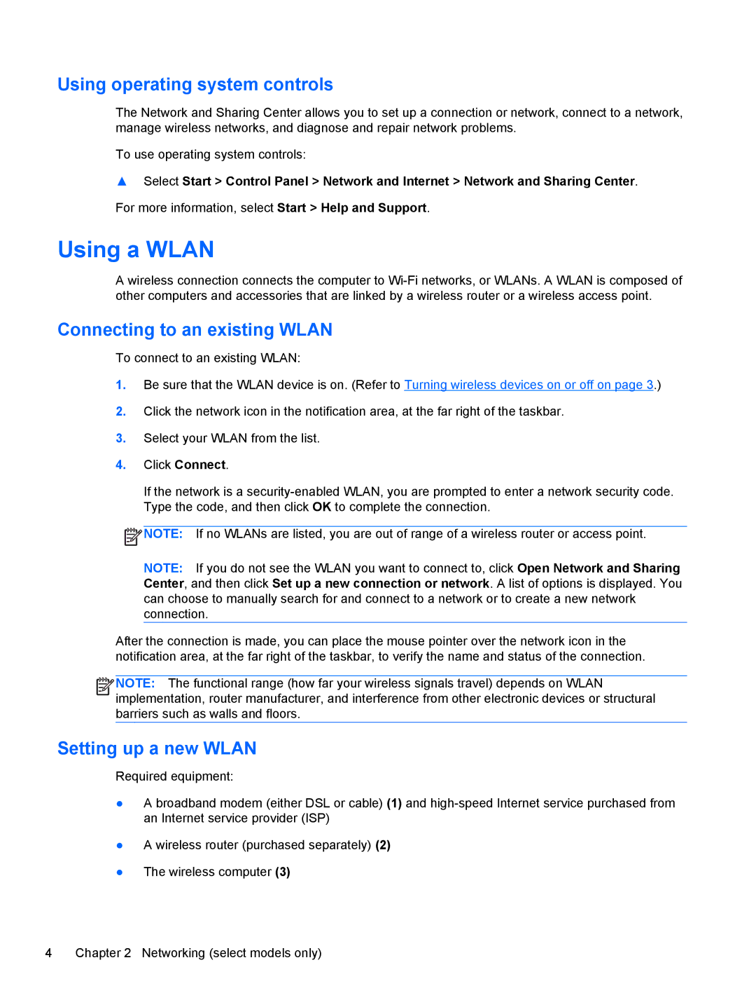 HP : G4 1107NR manual Using a Wlan, Using operating system controls, Connecting to an existing Wlan, Setting up a new Wlan 