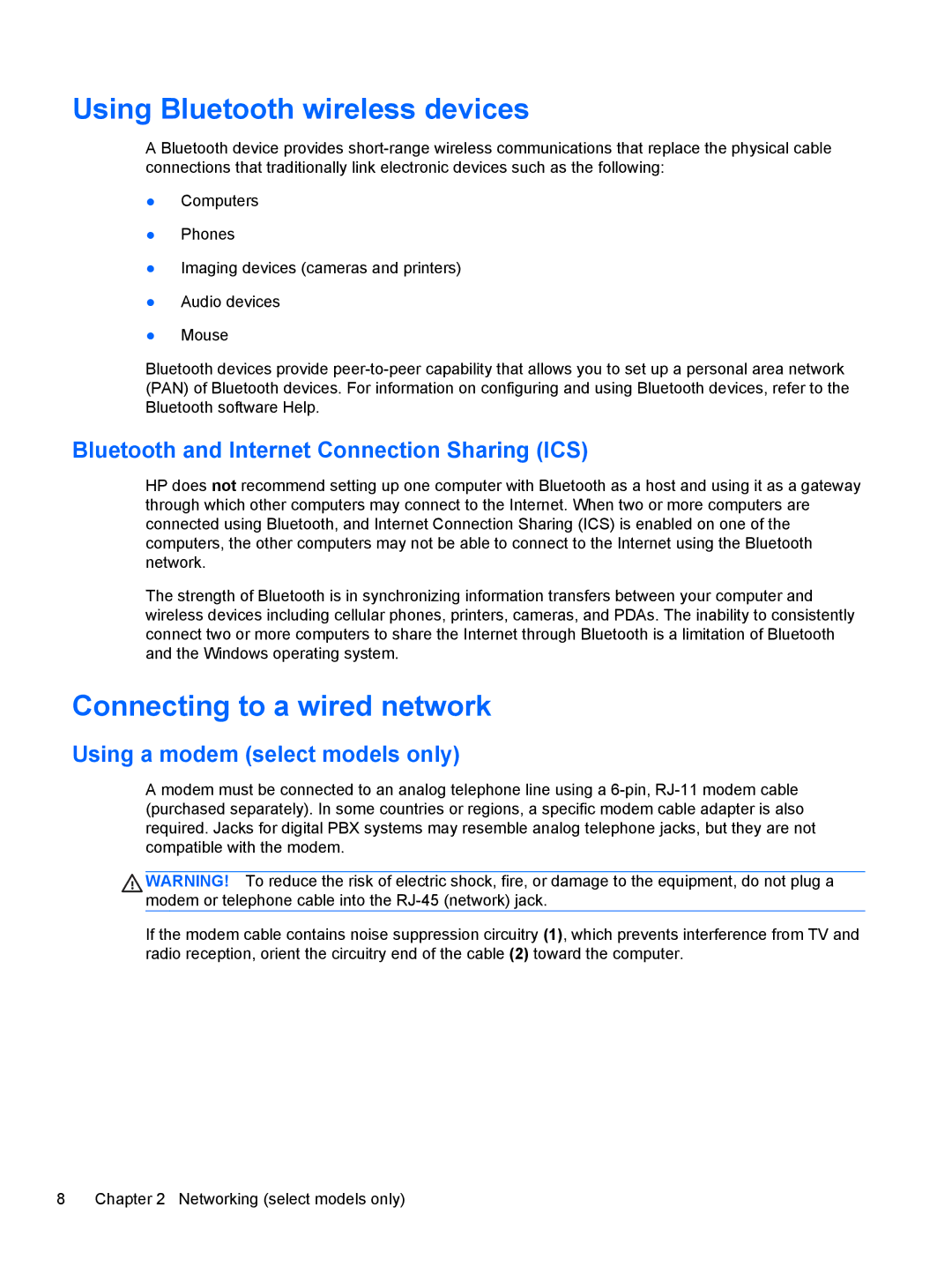 HP : G4 1107NR manual Using Bluetooth wireless devices, Connecting to a wired network, Using a modem select models only 