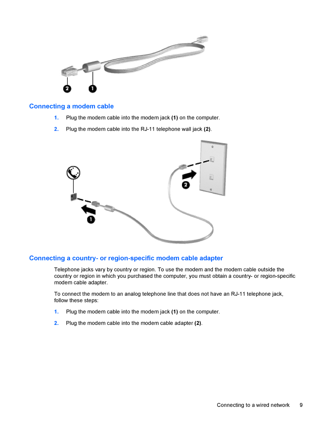 HP : B4B15UA, : LY849UA, : LW883AW Connecting a modem cable, Connecting a country- or region-specific modem cable adapter 