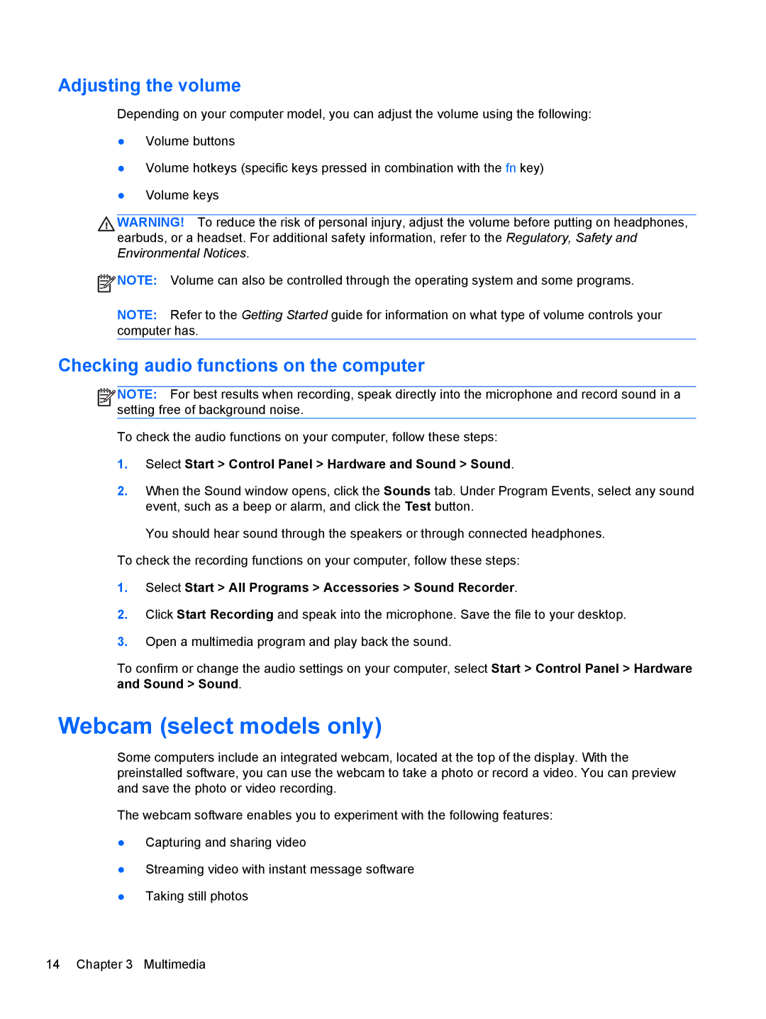 HP : LY849UA, : LW883AW manual Webcam select models only, Adjusting the volume, Checking audio functions on the computer 