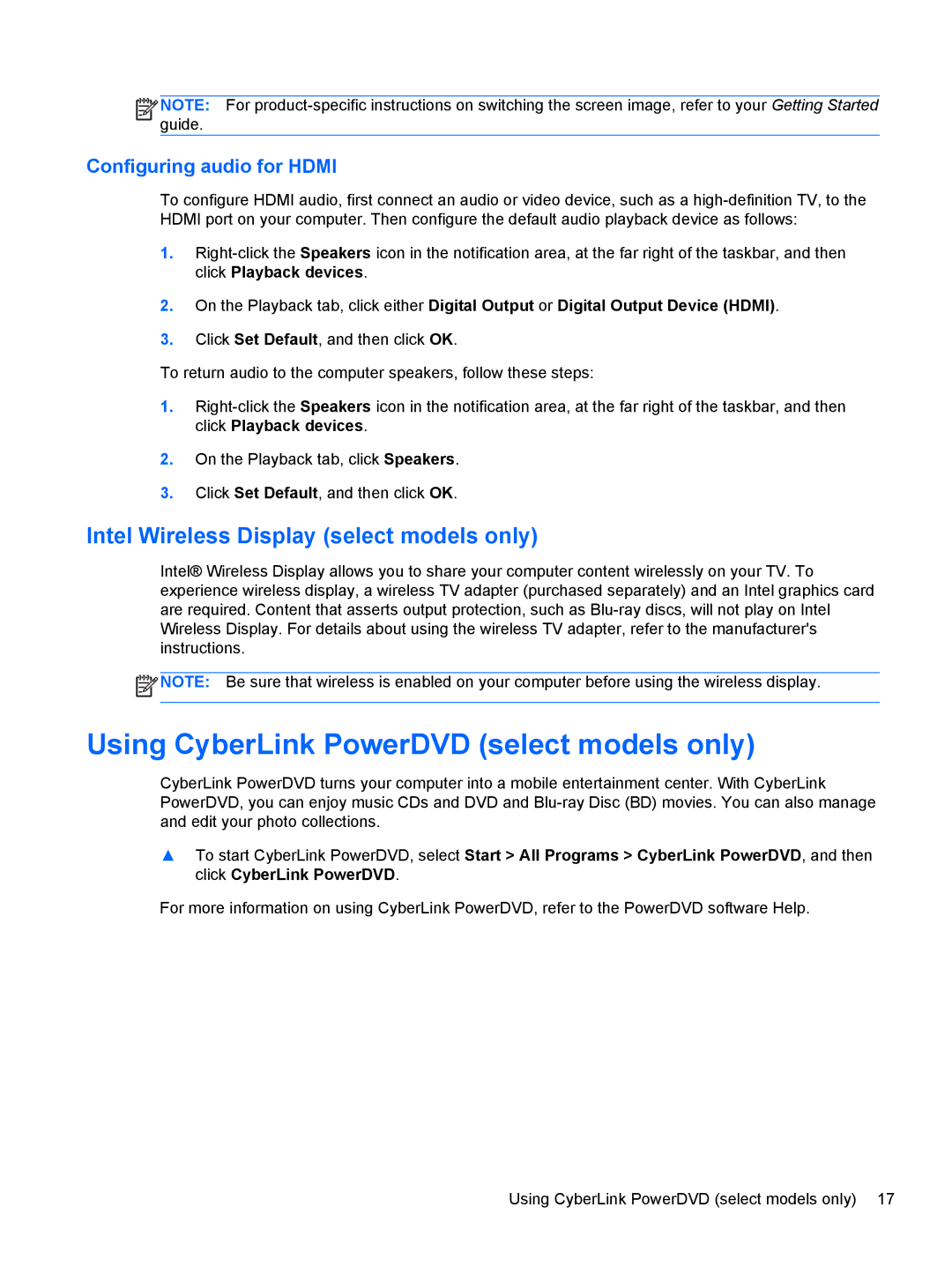 HP : B4B15UA, : LY849UA, : LW883AW Using CyberLink PowerDVD select models only, Intel Wireless Display select models only 