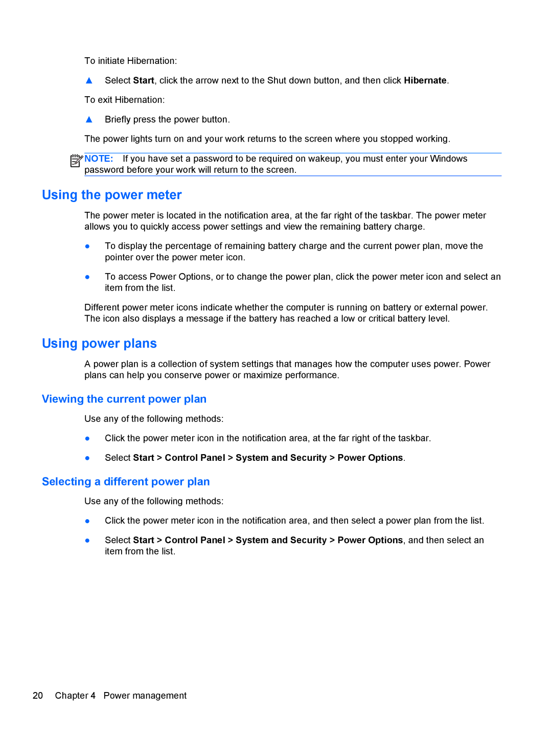 HP : G4 1107NR Using the power meter, Using power plans, Viewing the current power plan, Selecting a different power plan 