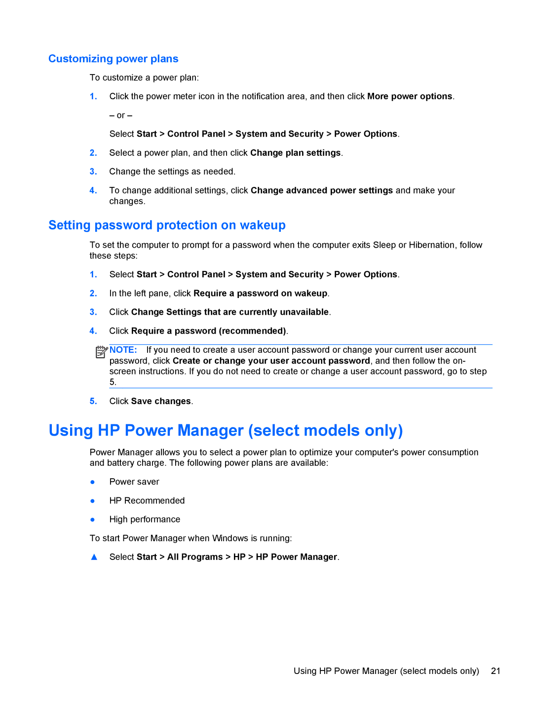 HP : B4B15UA Using HP Power Manager select models only, Setting password protection on wakeup, Customizing power plans 