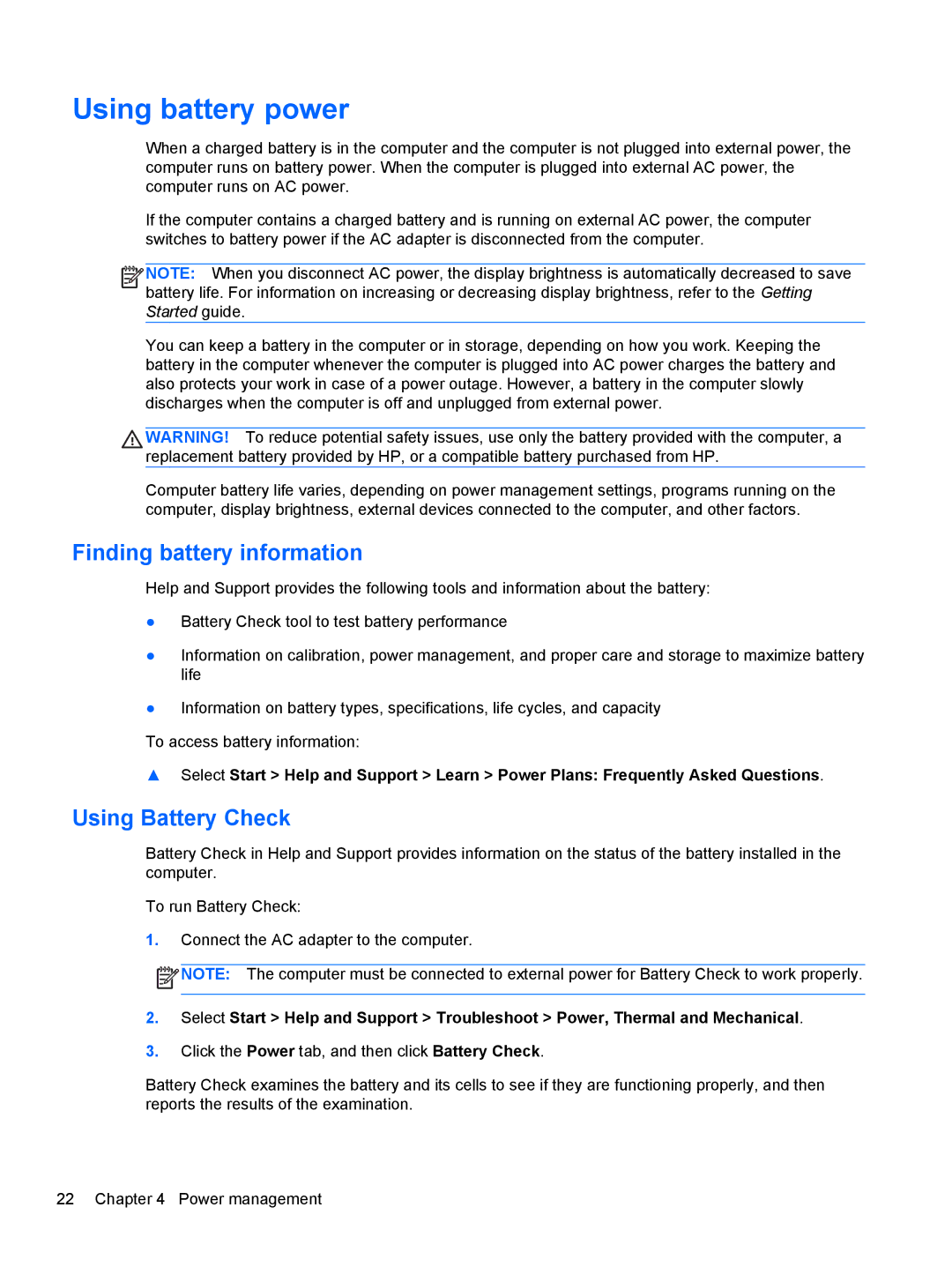 HP : LY849UA, : LW883AW, : G4 1107NR, : B4B15UA manual Using battery power, Finding battery information, Using Battery Check 