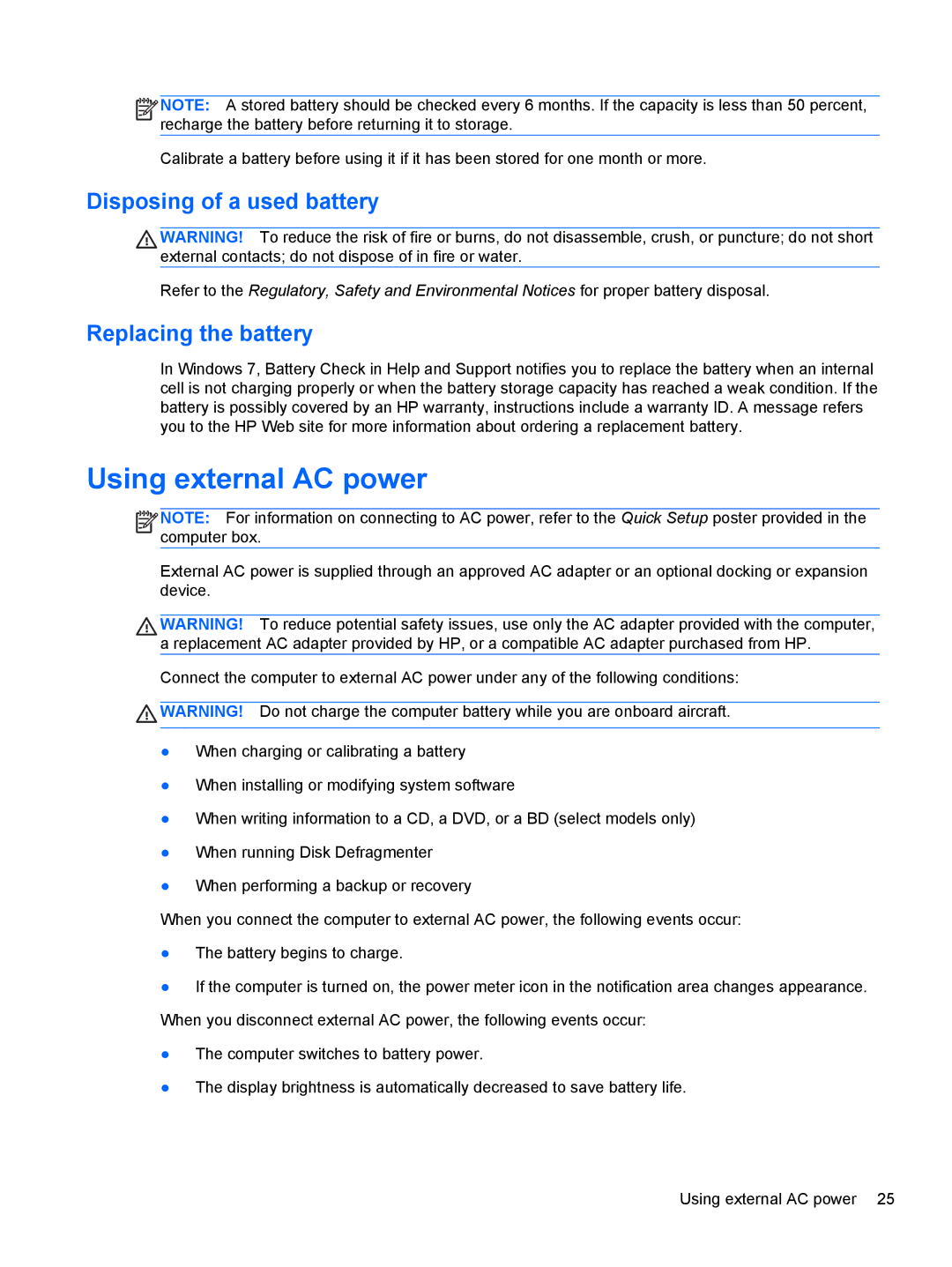 HP : B4B15UA, : LY849UA, : LW883AW, : G4 1107NR Using external AC power, Disposing of a used battery, Replacing the battery 