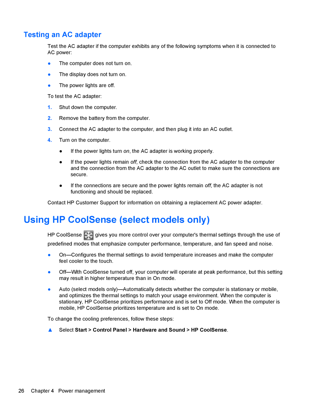 HP : LY849UA, : LW883AW, : G4 1107NR, : B4B15UA manual Using HP CoolSense select models only, Testing an AC adapter 