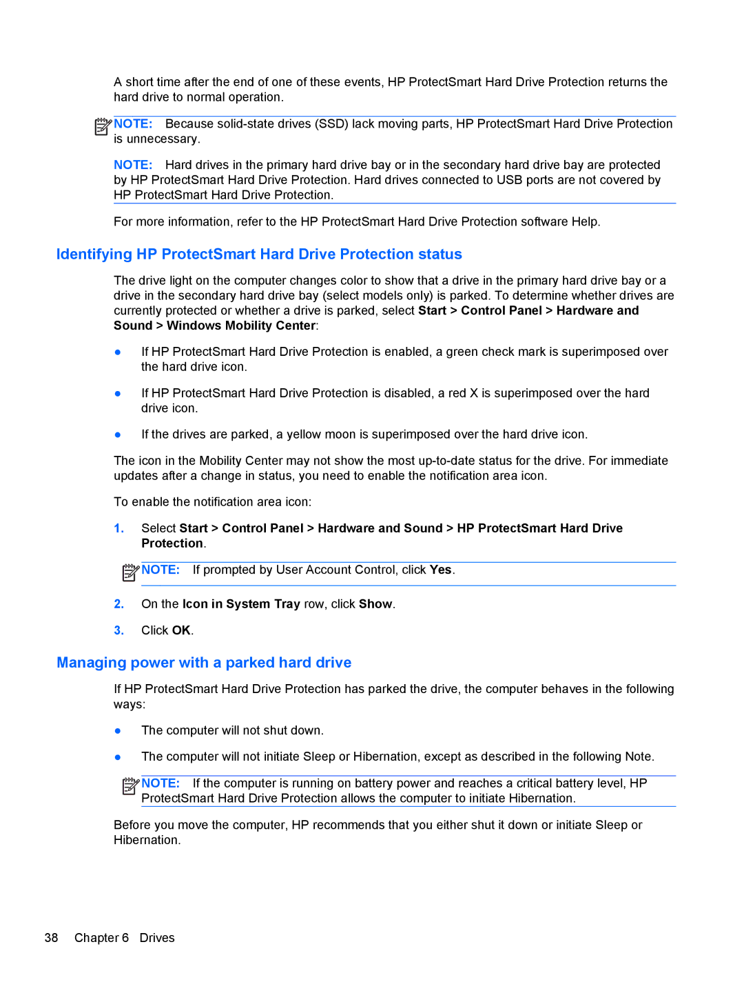 HP : LY849UA, : LW883AW Identifying HP ProtectSmart Hard Drive Protection status, Managing power with a parked hard drive 