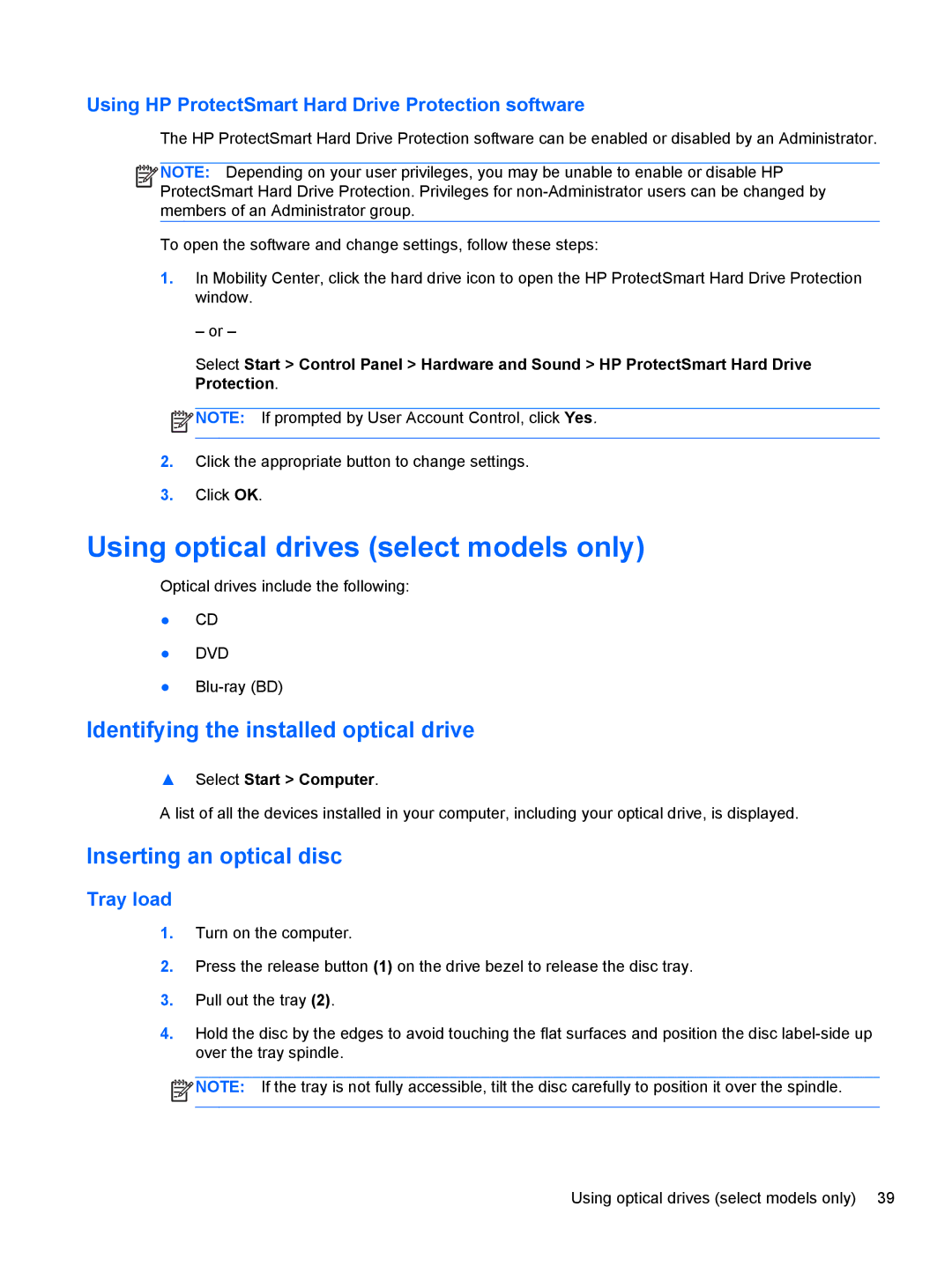 HP : LW883AW Using optical drives select models only, Identifying the installed optical drive, Inserting an optical disc 