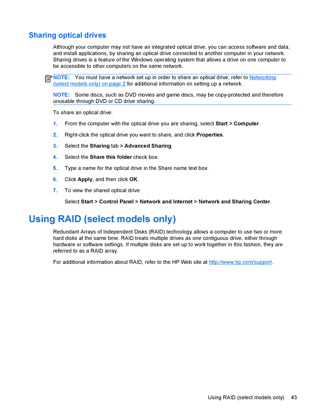 HP : LW883AW, : LY849UA, : G4 1107NR, : B4B15UA manual Using RAID select models only, Sharing optical drives 